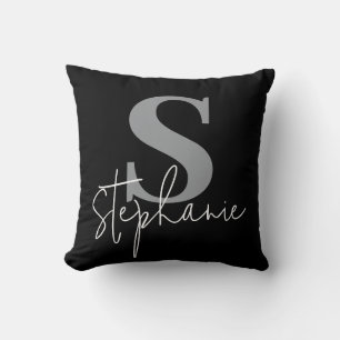 Monogram Lettered Script Silver Black Throw Pillow