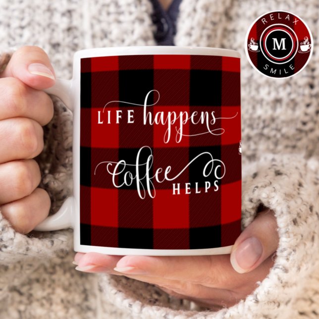 Monogram, Life Happens Coffee Helps, Plaid Mug (Creator Uploaded)
