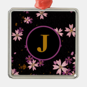 Monogram Light and Dark Lavender Flowers on Black Metal Ornament