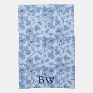 Monogram Light Blue and Navy Floral Pattern Kitchen Towel