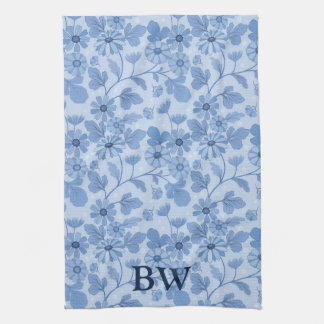 Monogram Light Blue and Navy Floral Pattern Kitchen Towel