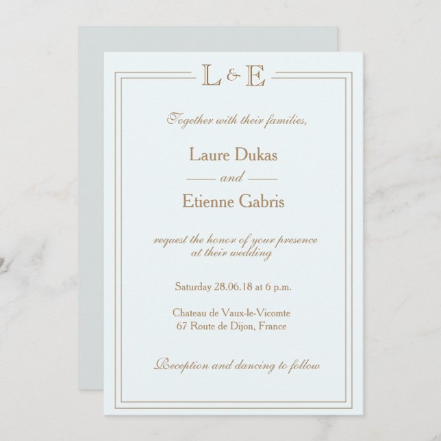 Monogram light blue gold grey modern chic wedding invitation (Front/Back)
