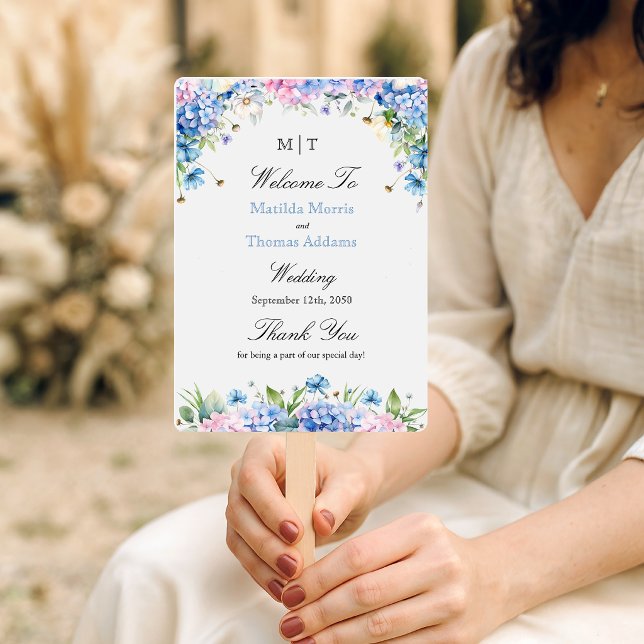 Monogram Light Blue Hydrangea Wedding Program Hand Fan (Creator Uploaded)