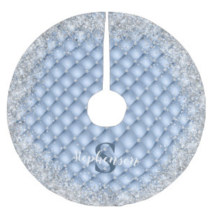 Monogram Light Blue Tufted Diamond Silver Glitter Brushed Polyester Tree Skirt