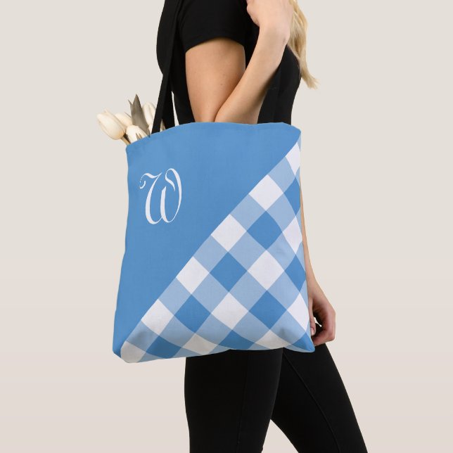 Monogram Light Blue White Buffalo Check Geometric Tote Bag (Close Up)