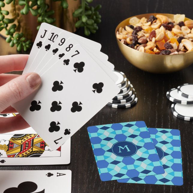 Monogram light dark blue tiles playing cards (In Situ)