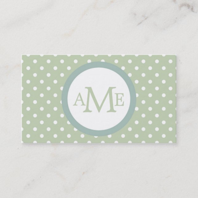 Monogram Light Green White Polka Dot Business Card (Front)
