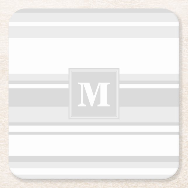 Monogram light grey stripes square paper coaster (Front)
