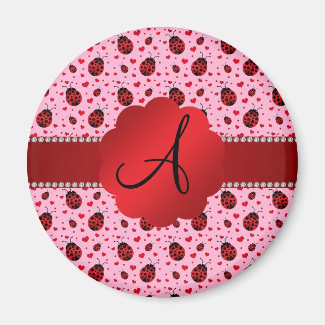 Monogram light pink ladybugs hearts magnet (Front)
