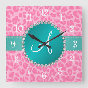 Monogram light pink leopard print turquoise circle square wall clock