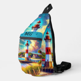 Monogram Lighthouse Watercolor Print Cut Sew Bag