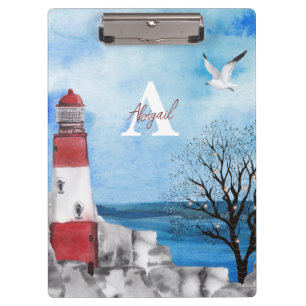 Monogram Lighthouse Watercolor Scene Clipboard