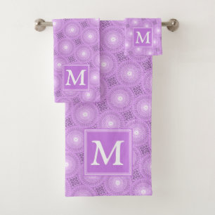 Monogram lilac purple circles pattern bath towel set