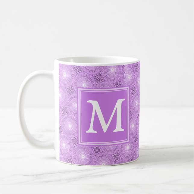 Monogram lilac purple circles pattern coffee mug (Left)