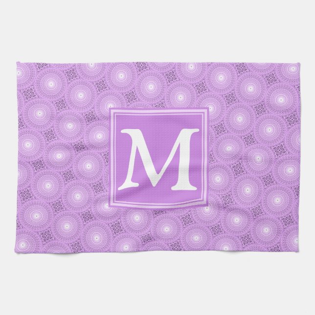 Monogram lilac purple circles pattern kitchen towel (Horizontal)