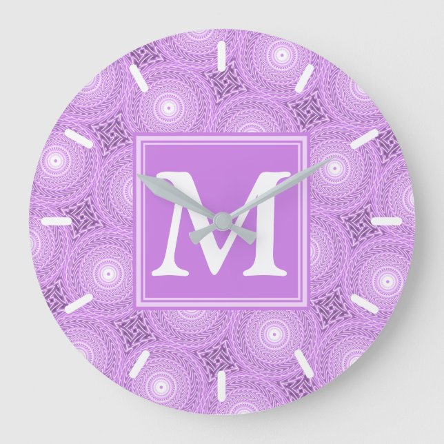 monogram lilac purple circles pattern large clock (Front)