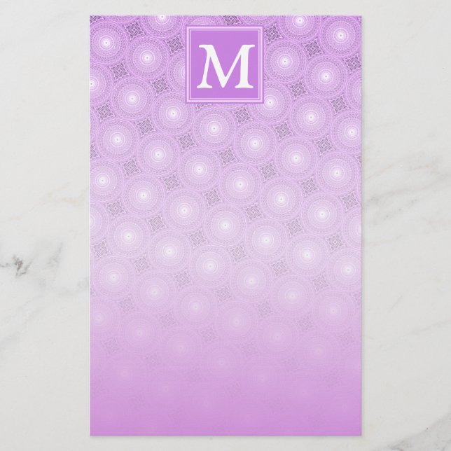 Monogram lilac purple circles pattern stationery (Front)