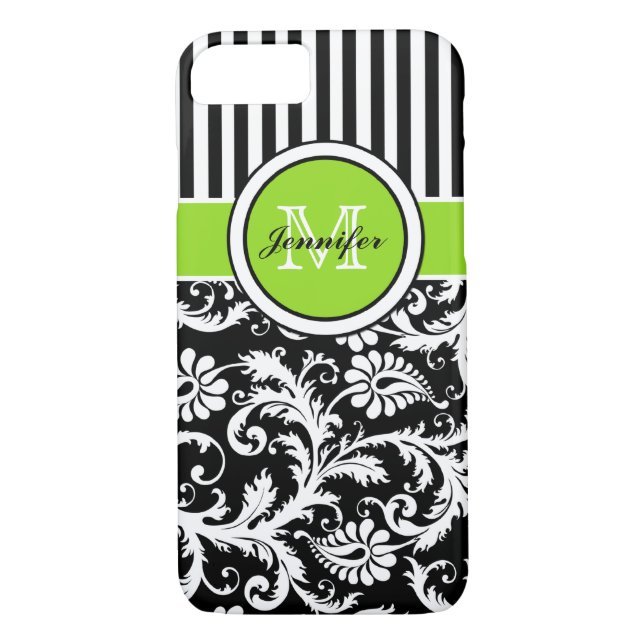 Monogram Lime Black White Striped Damask iPhone 7 Case-Mate iPhone Case (Back)