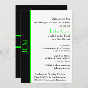 Monogram Lime Green Black Bar Mitzvah Invitation