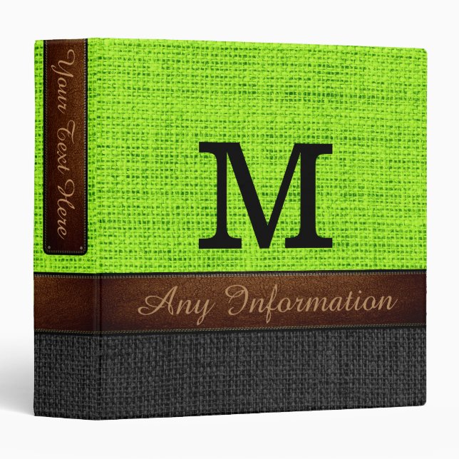 Monogram Lime Green & Black Burlap Rustic Jute Binder (Front/Spine)