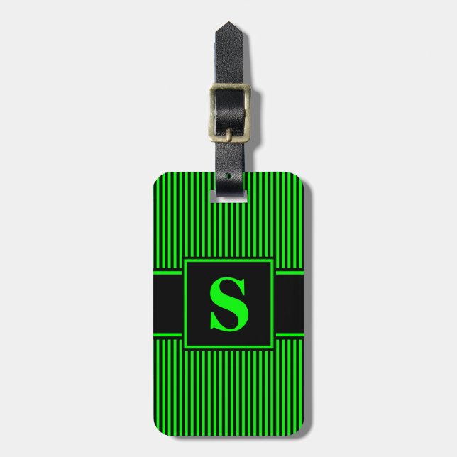 Monogram Lime Green Black Pinstripe Luggage Tag (Front Vertical)