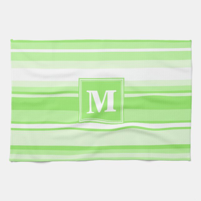 Monogram lime green stripes kitchen towel (Horizontal)
