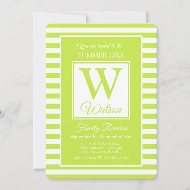 Monogram Lime Green Stripes Summer Family Reunion Invitation (Front)