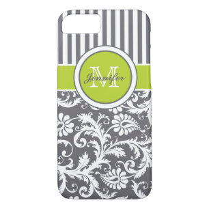 Monogram Lime Grey White Striped Damask Case-Mate iPhone Case