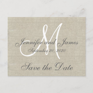 Monogram Linen Save the Date Announcement Postcard