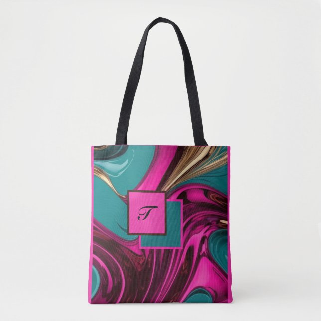 Monogram Liquid Water Hot Pink, Gold & Green Tote Bag (Front)