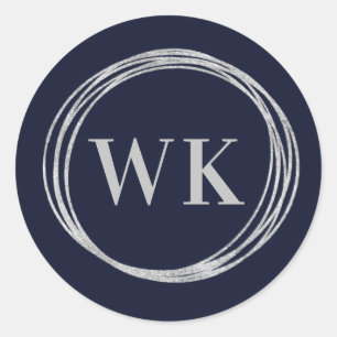 Monogram Logo Navy Silver Business Classic Round Sticker