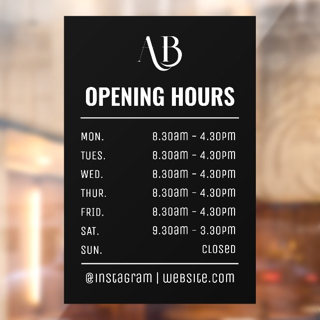 Monogram Logo Opening Times  Window Cling (Sheet 2)