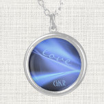 Monogram, Love Blue Light Trails Small Sterling Silver Plated Necklace<br><div class="desc">Various shades of blue light trails with 'love' in script and initials, decorates this stylish 0.75" Sterling Silver plated round charm for him or her (the text will be small). Change text and initials using the Template provided. The 18" chain has a lobster-claw clasp closing and a 2" extender. The...</div>