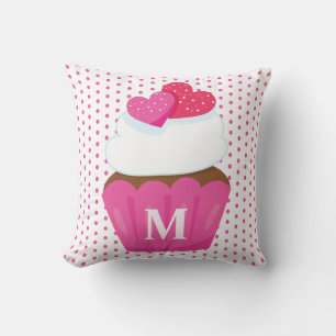 Monogram Love Hearts Cupcake Polka Dot Valentines Throw Pillow