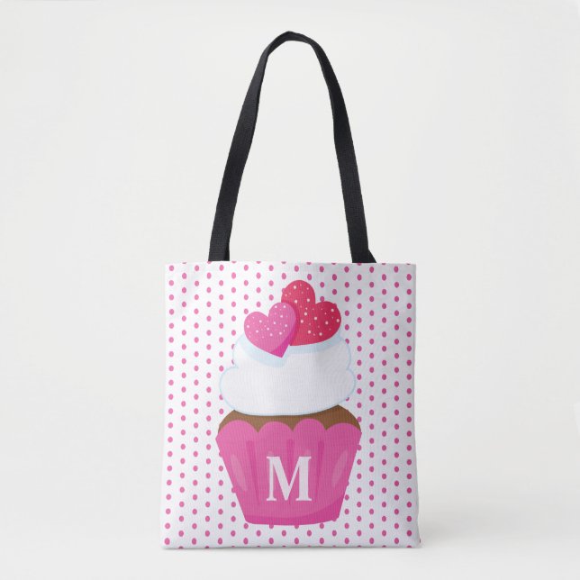 Monogram Love Hearts Cupcake Polka Dot Valentines Tote Bag (Front)