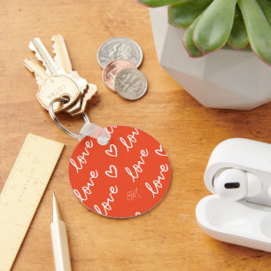 Monogram Love Lettering & Hearts Drawing Red Keychain
