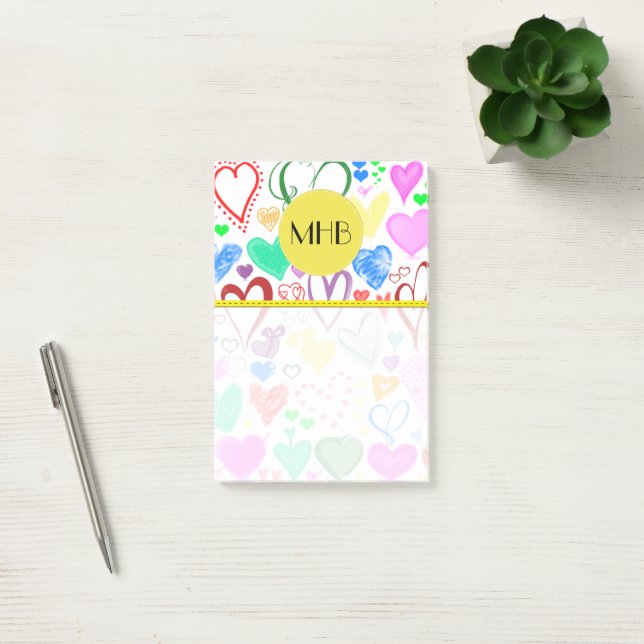 Monogram - Love, Romance, Hearts - Red Blue Pink Post-it Notes (Office)