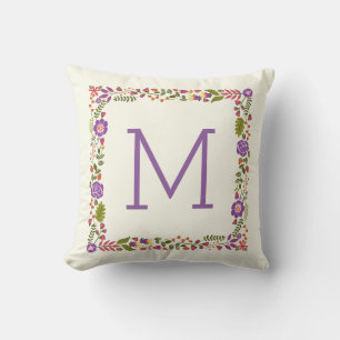 Monogram lovely spring floral purple, orange outdoor pillow