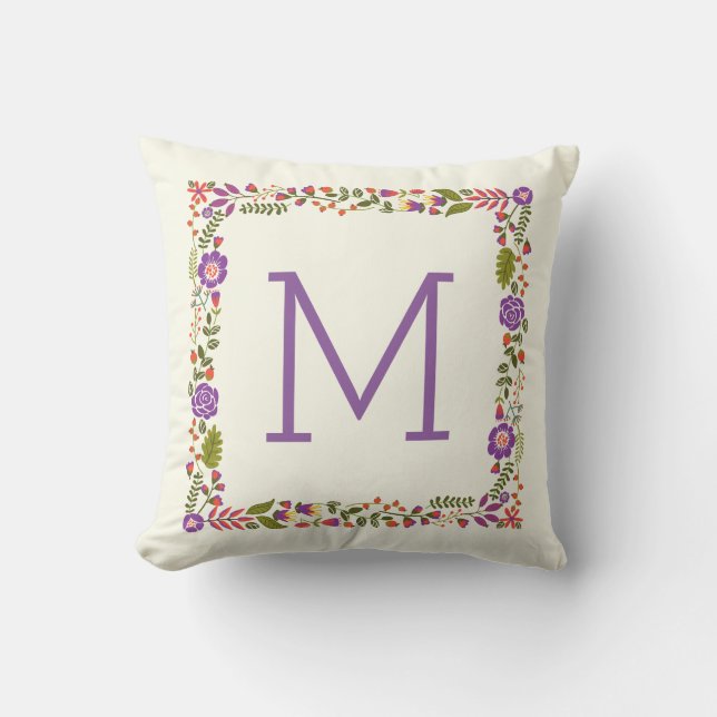 Monogram lovely spring floral purple, orange outdoor pillow (Front)