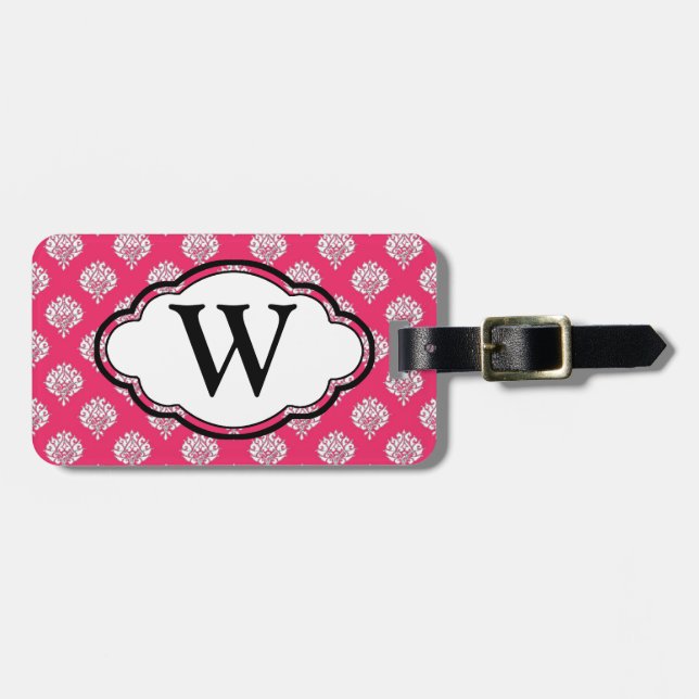 Monogram Luggage Tag - Pink Damask (Front Horizontal)