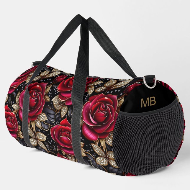 Monogram Luxury Red Rose Floral Pattern Duffle Bag (Right Corner)