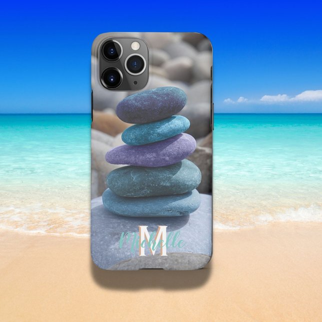 Monogram M Beach Pebbles Rocks Stones Blue Purple iPhone Case (Creator Uploaded)