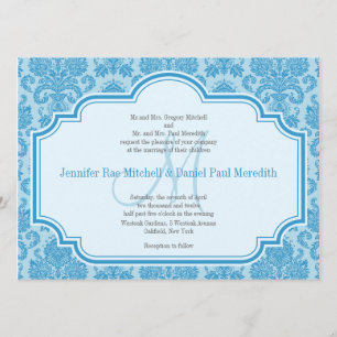 Monogram M Blue Damask Wedding Invitations