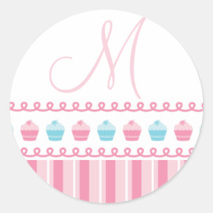 Monogram M Cupcakes Pinstripes Pink Blue Sticker