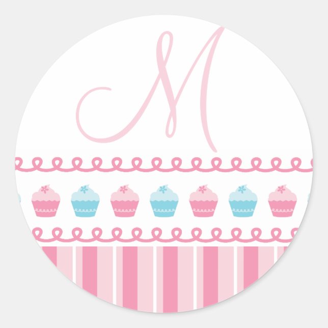 Monogram M Cupcakes Pinstripes Pink Blue Sticker (Front)