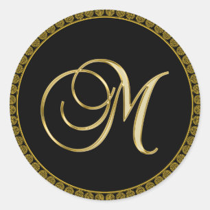 Monogram M, elegant script, Classic Round Sticker