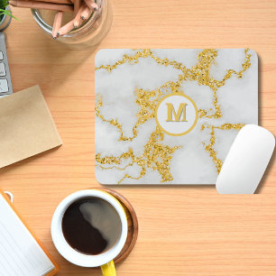  Monogram M Elegant White & Gold Marble Pattern Mouse Pad