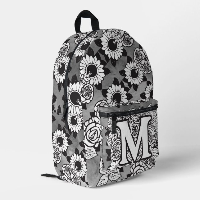 Monogram "M" Floral Tattoo Pattern Black White DIY Printed Backpack (Back Corner Left)