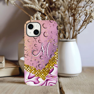 Monogram M Gold Glitter Pink Fantasy Rain Droplets Case-Mate iPhone 14 Case