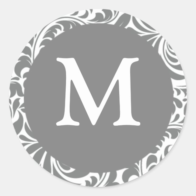 Monogram M Grey Grey Customizable Wedding Monogram Classic Round Sticker (Front)
